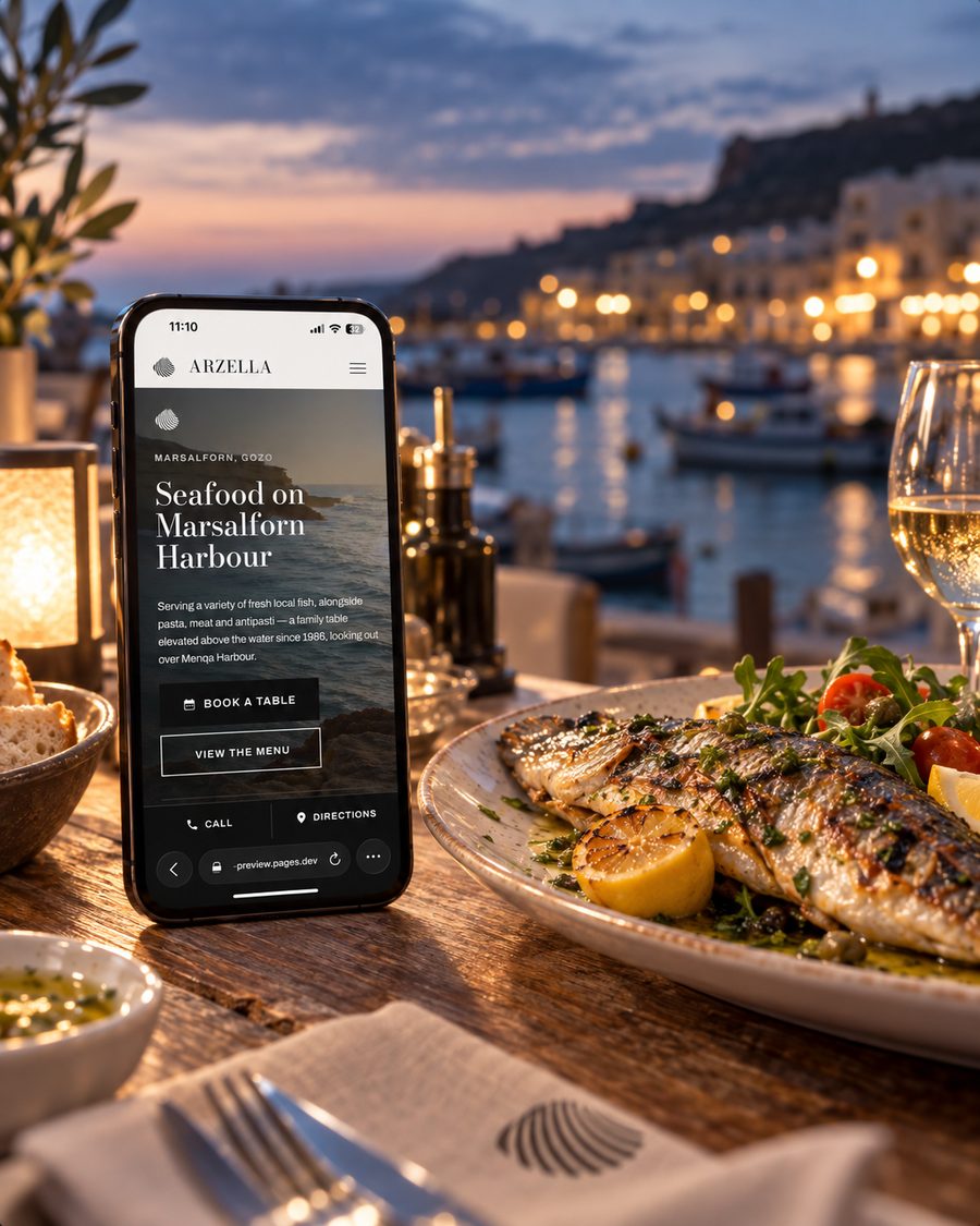 Arzella's website on a phone beside grilled fish on a harbour terrace at dusk
