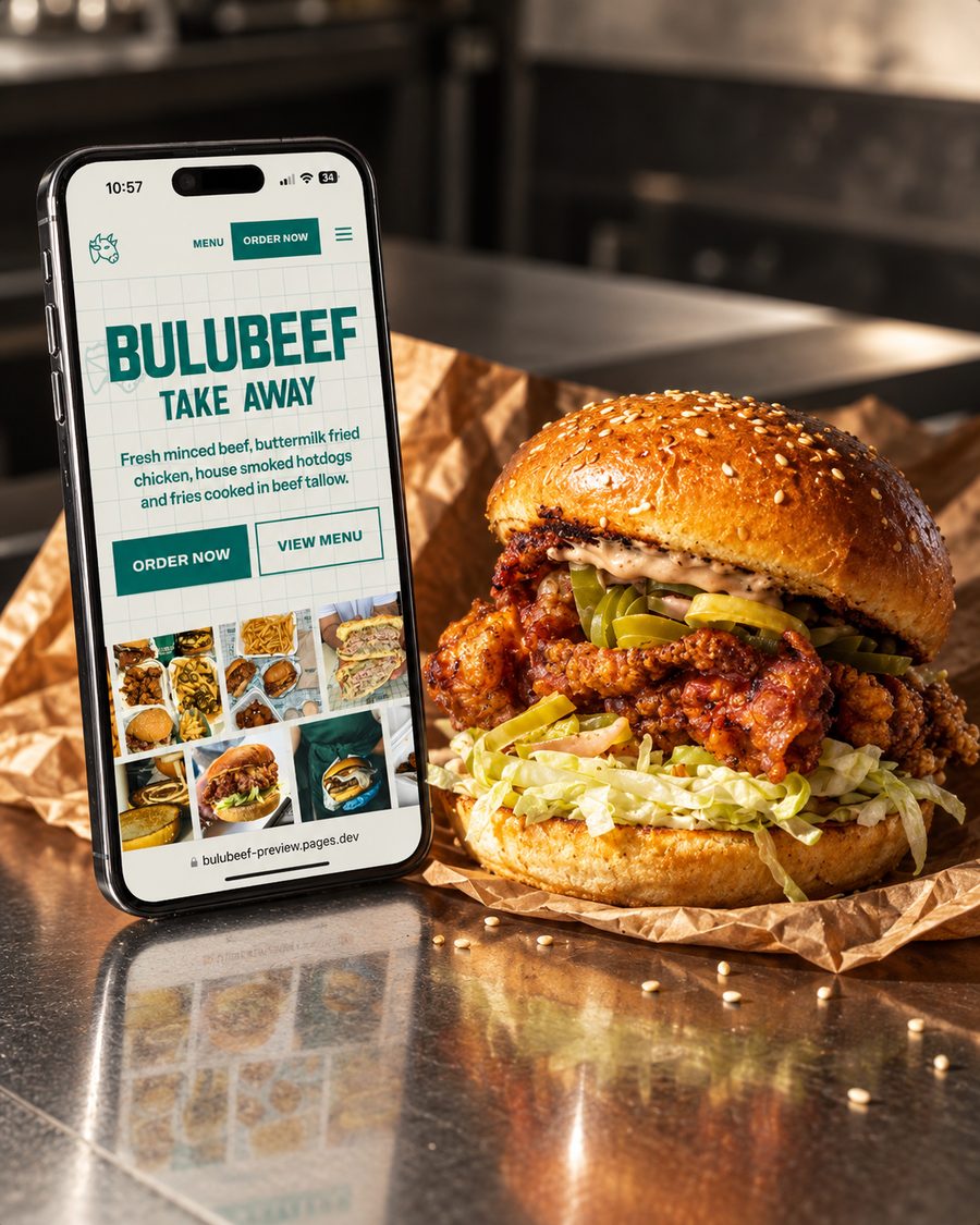 Bulubeef's website open on a phone beside a fried chicken burger on the counter