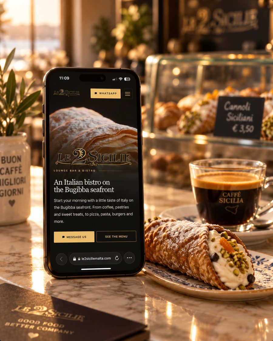 Le 2 Sicilie's website on a phone beside a cannolo and espresso on a marble counter