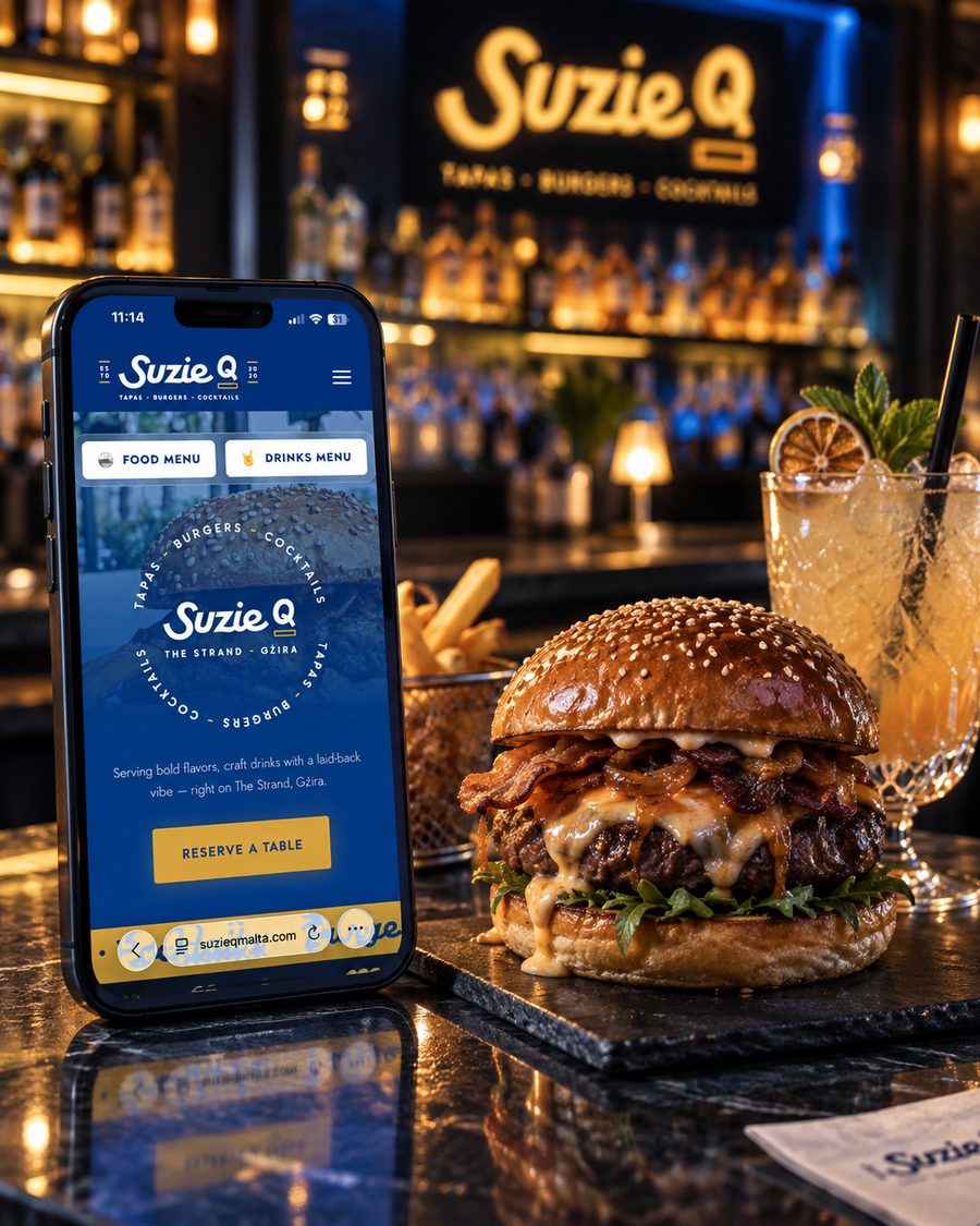 Suzie Q's website on a phone beside a burger and cocktail at the bar